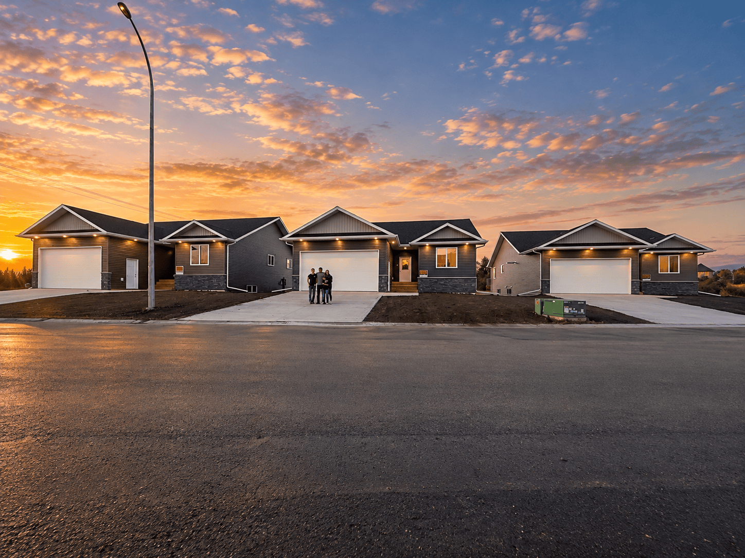 Three newly constructed single-family homes by Python Contracting on Rimstone Drive in Rimbey, Alberta.