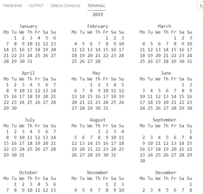 Print whole year calendar in python Print whole year calendar in python