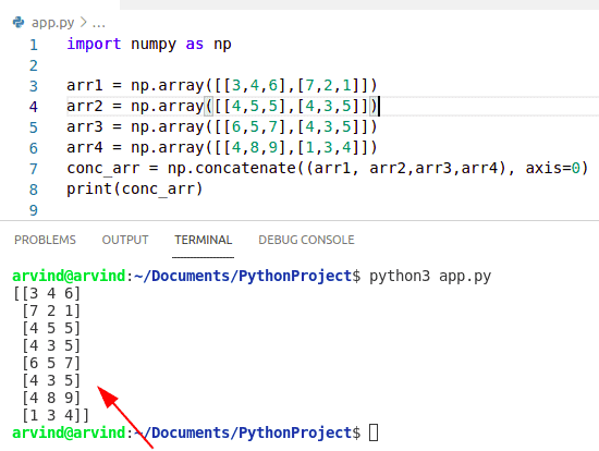 Python numpy concatenate multiple arrays