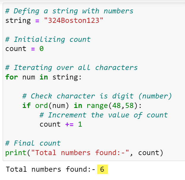 Count numbers in Python String using ord