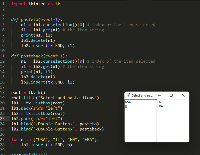 select set() method of listbox tkinter widget in... How to pass item between listboxes with Tkinter | python programming