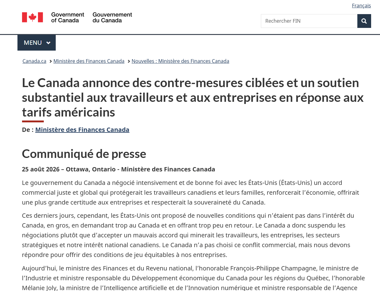 Canada : Le Canada a annoncé des droits de représailles pouvant atteindre 50 % sur les produits américains
