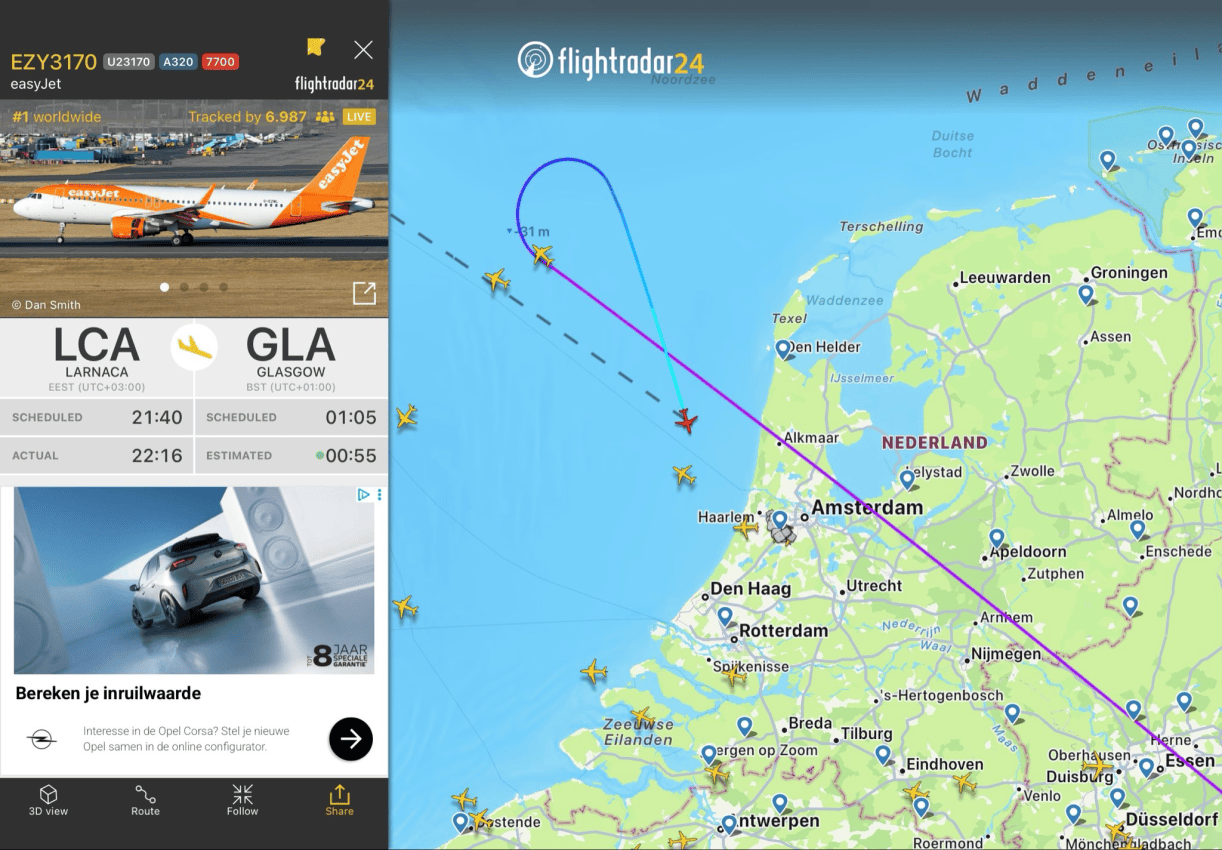Europe : Signal 7700 au-dessus de l’Europe: avion EasyJet de Larnaca à Glasgow a atterri en urgence à Amsterdam
