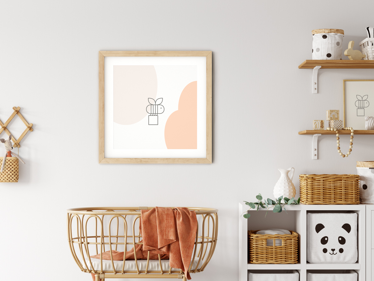 nursery with brown decor babies toys Q-Bee art work on way in wooden frame