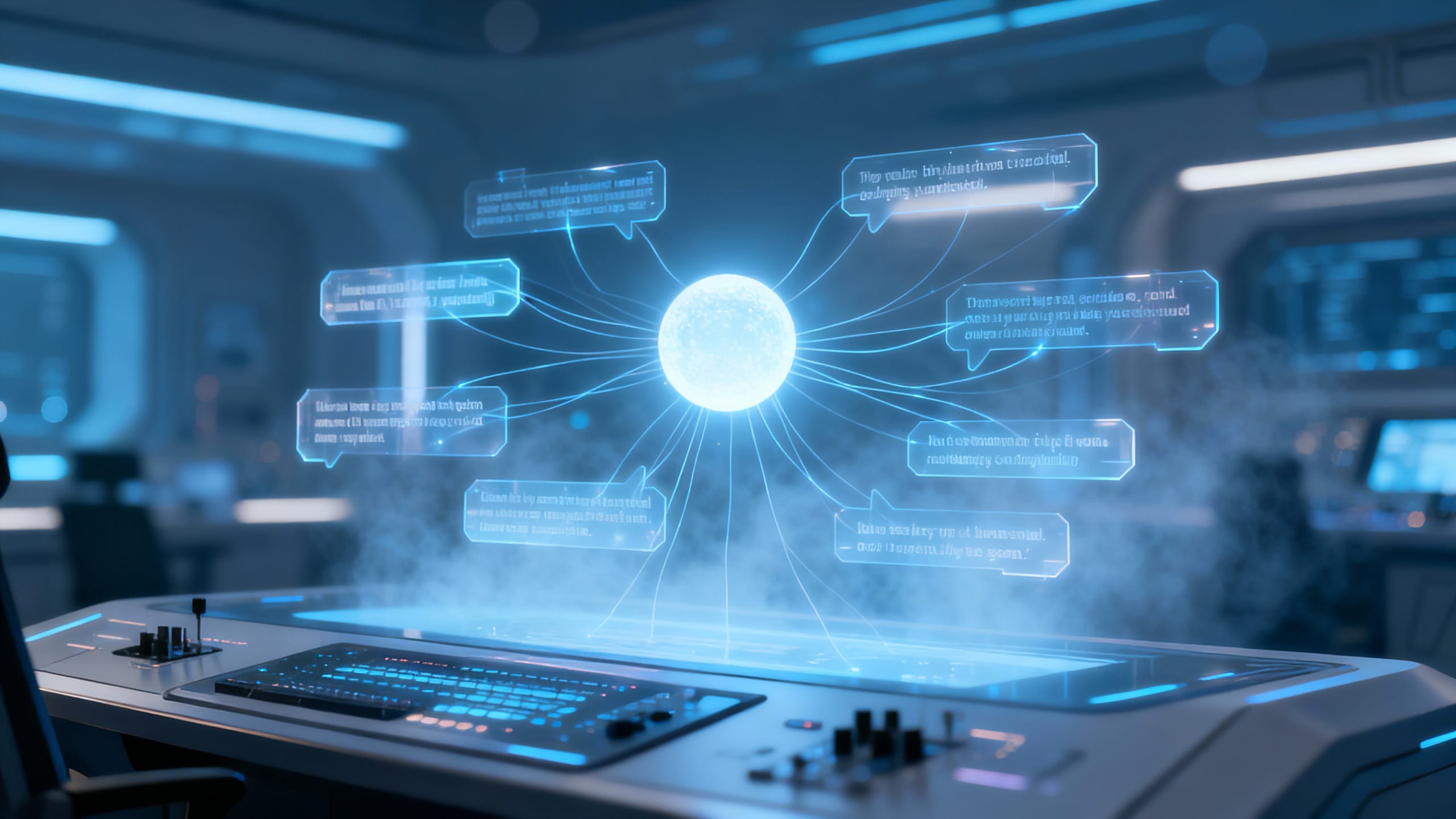 Futuristisches Kontrollraum-Szenario als Titelbild für semantisches Testing nichtdeterministischer KI-Systeme