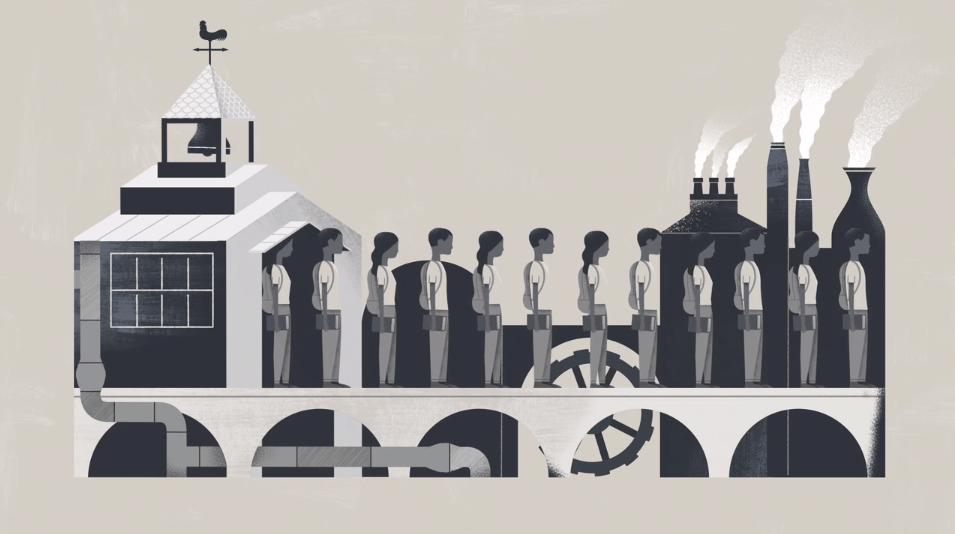 an animated drawing of humans on a conveyer belt entering into a machine