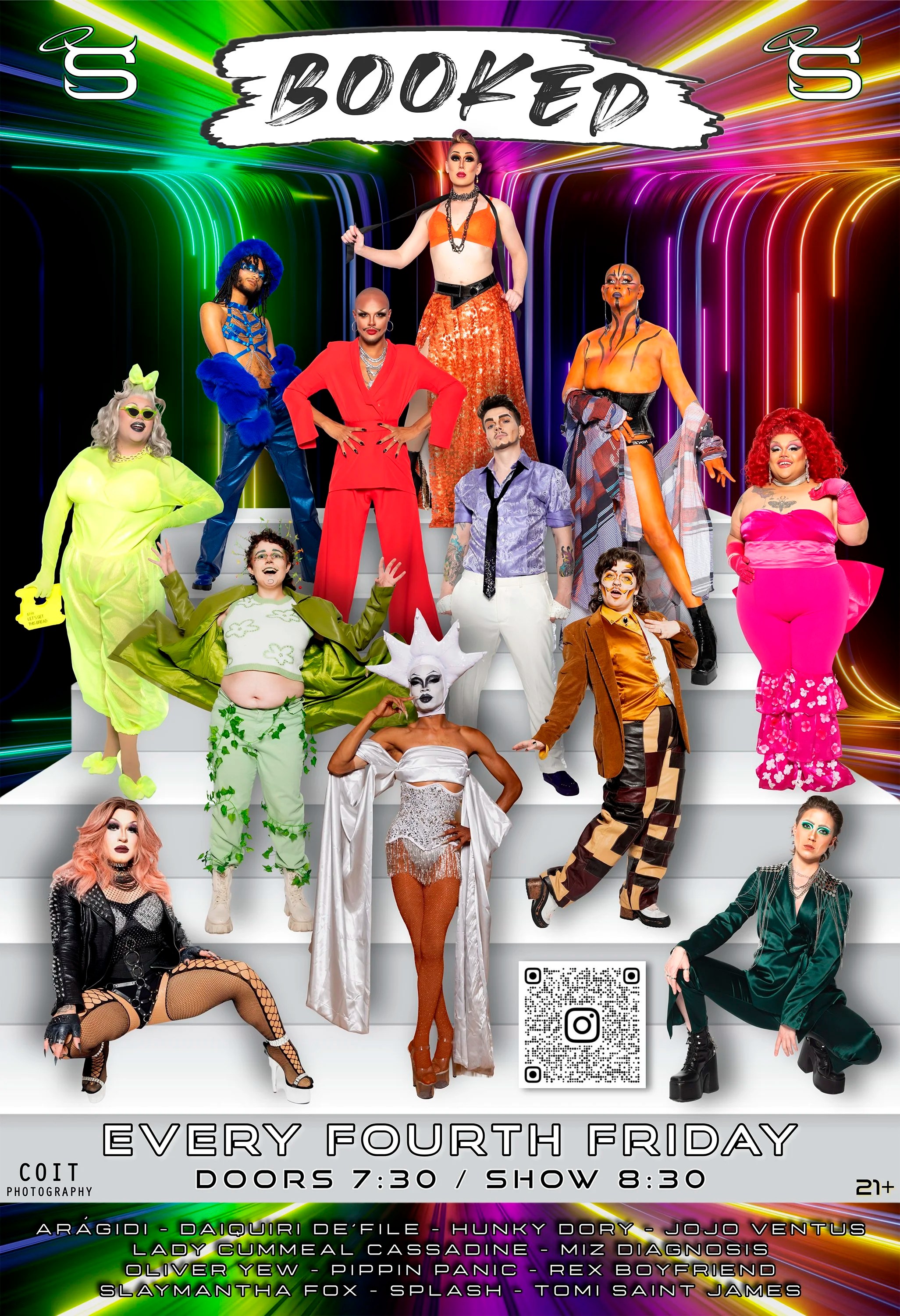 Booked, a drag cast poster with performers arranged in a grid