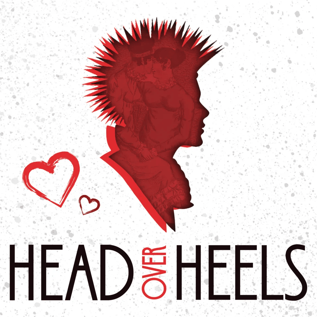 Head Over Heels poster, a red mohawked figure in profile with two hearts above the show title