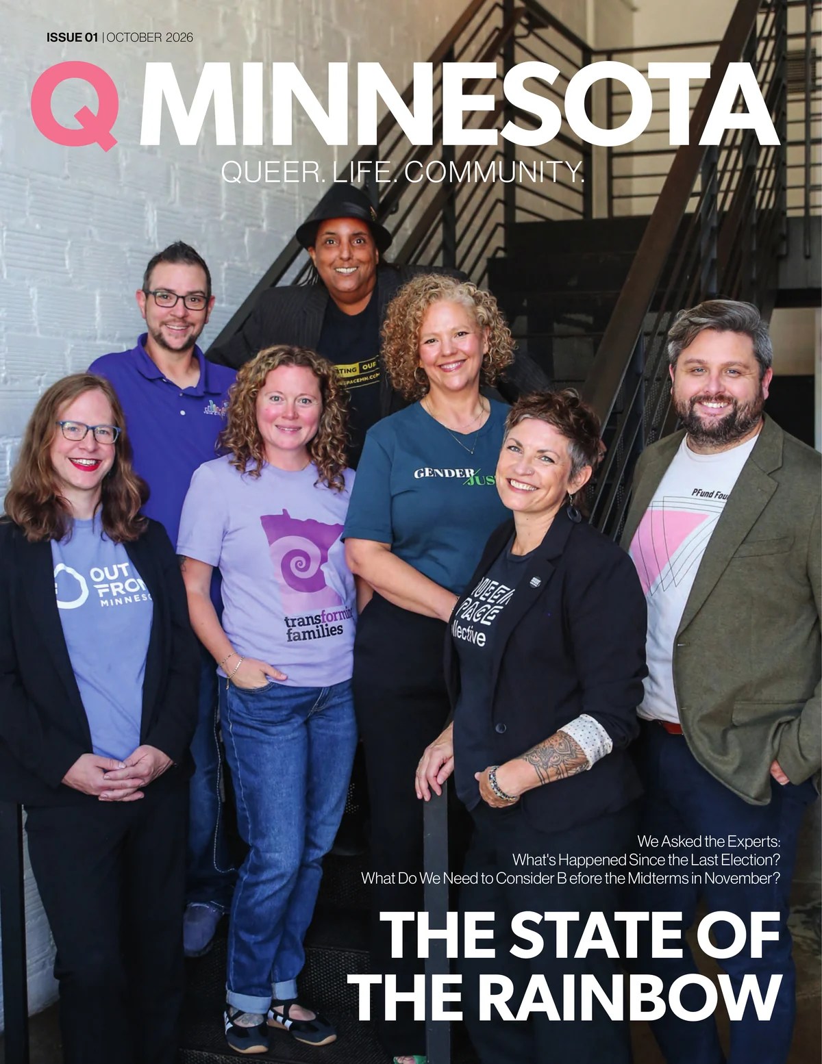 Cover of Q Minnesota Issue 01, October 2026: seven leaders of Minnesota LGBTQ+ organizations on a staircase, with the cover line The State of the Rainbow