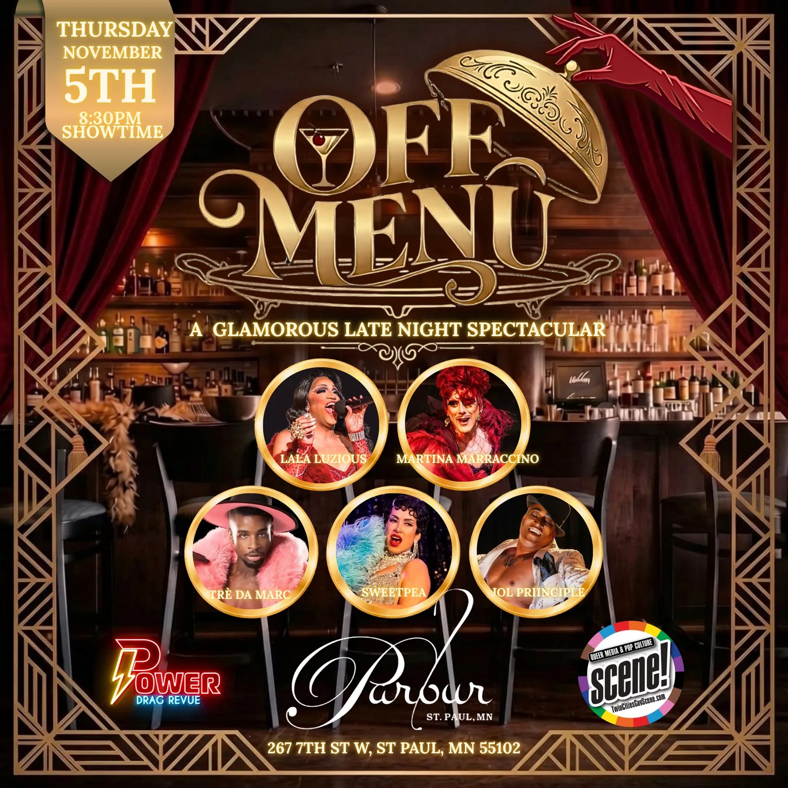 Off Menu poster: a gold cloche over a cocktail, five performer portraits, Thursday Nov 5 at Parlour St. Paul