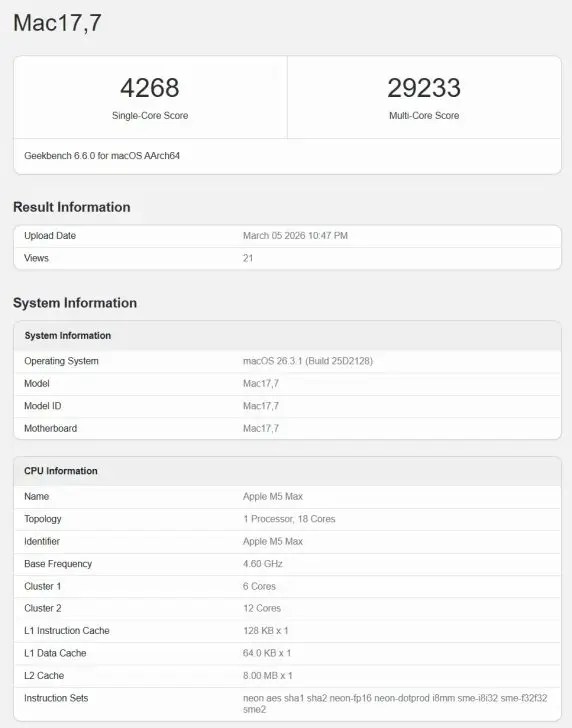 蘋果M5 Max處理器，呈現18核心精密架構。