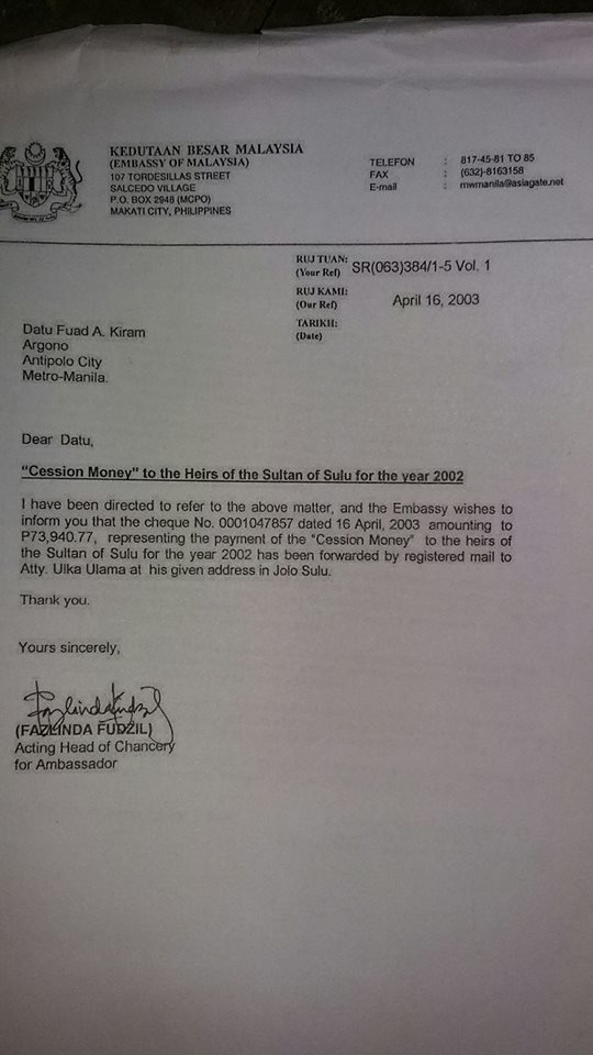 A statement, often written, that an arrangement or meeting is certain: Why Does Malaysia Still Pay The Sulu Royal Family For Rent In Sabah Even If They Claim It Was Ceded Already Quora