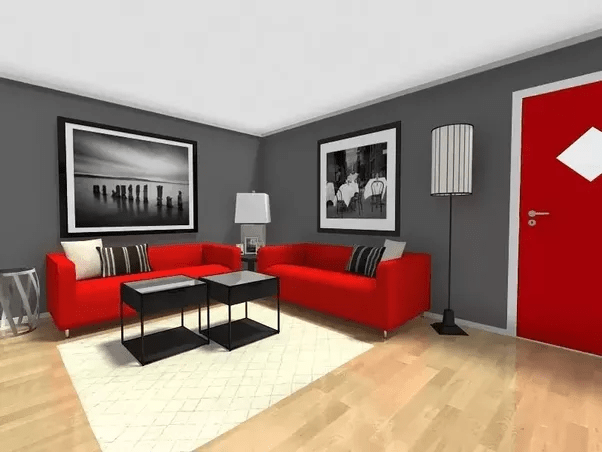 A living room with an amaranth red accent. What color wood flooring goes best with a dark grey living room? - Quora