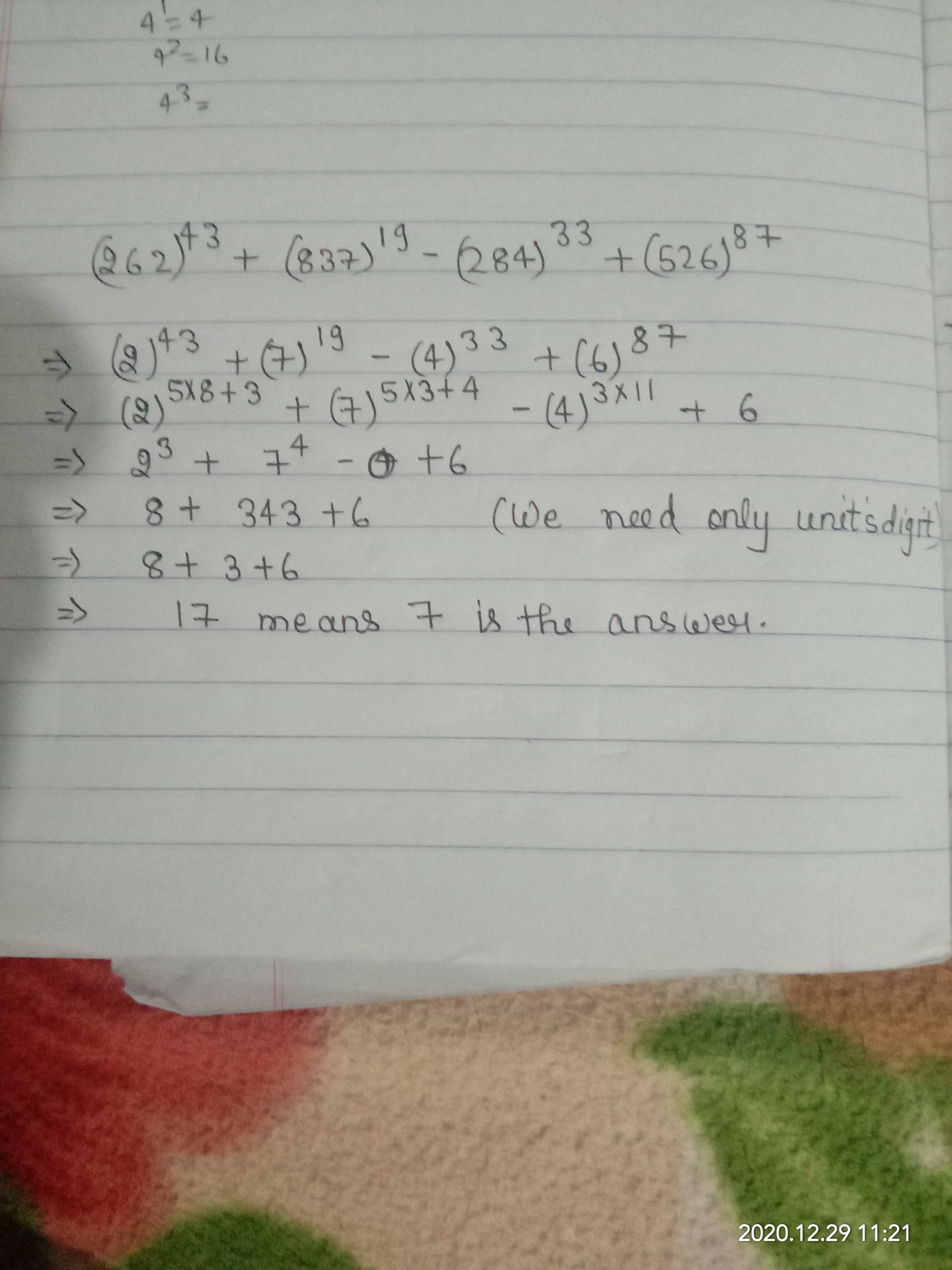 Berapakah angka satuan dari ekspresi berikut, 262^43 + 837^19 - 284^33 +  526^87? - Quora