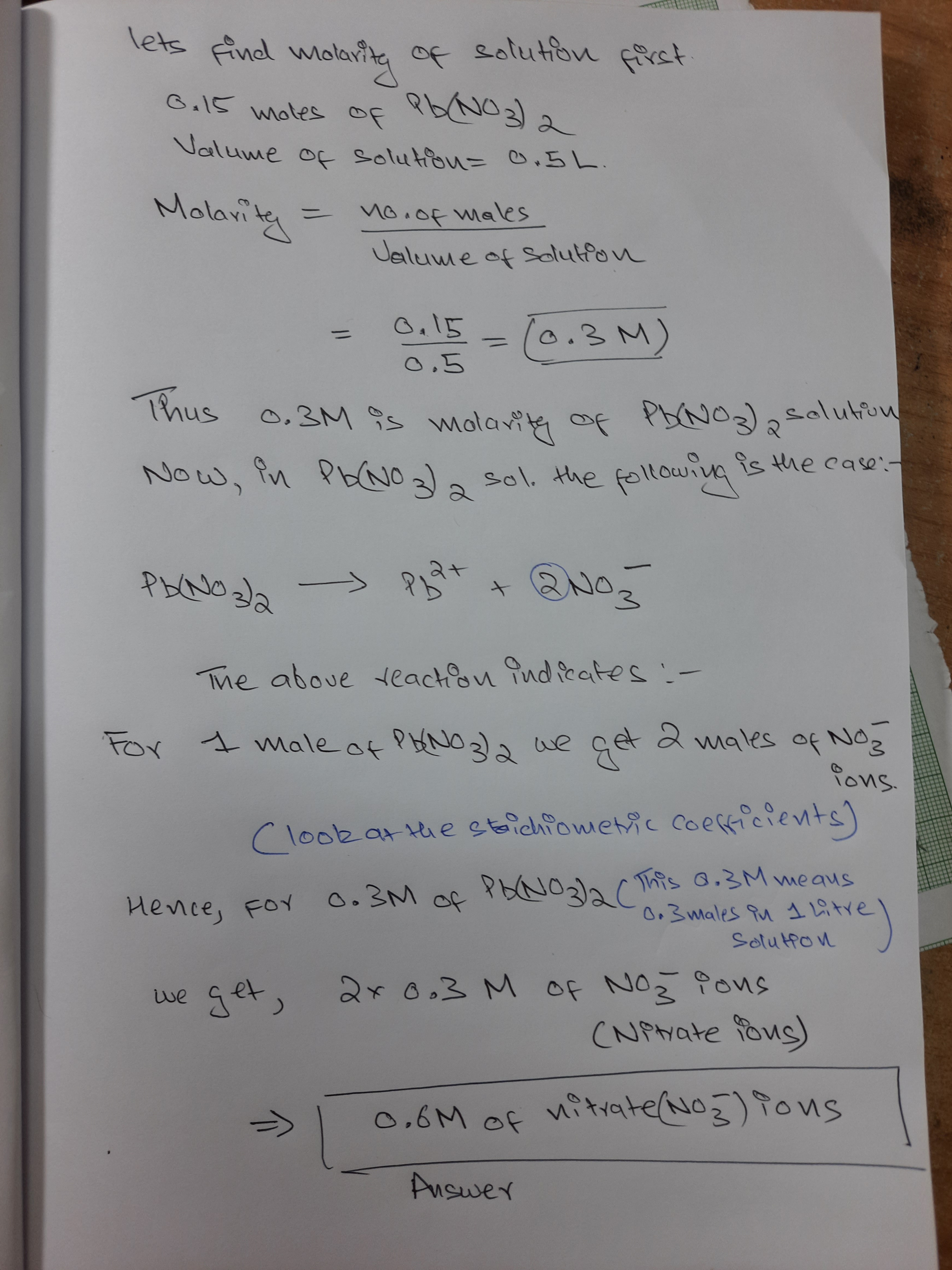 0,15 mol timbal(II) nitrat dilarutkan dalam 0,50 L air. Berapa konsentrasi  ion nitrat dalam larutan? Jawab: 0,6 M Bagaimana dengan 0,6 M? - Quora