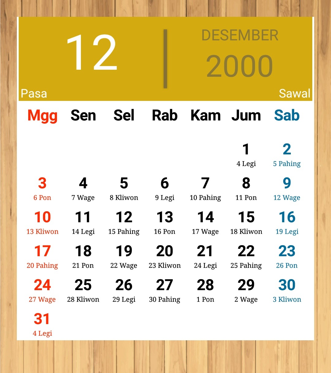 Kalender Hijriah Tahun 2000
