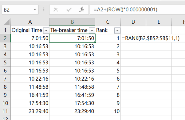in excel how do i give a column of times in ascending order a