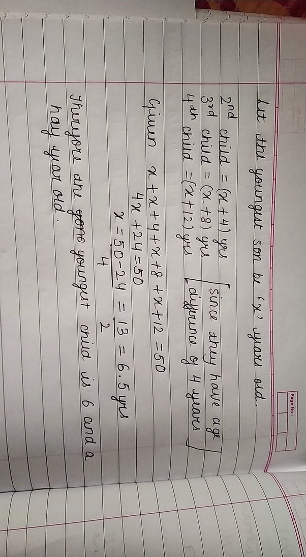 Jumlah umur 4 anak yang lahir dengan selang waktu 4 tahun masing-masing  adalah 50 tahun. Berapa usia anak bungsu? - Quora
