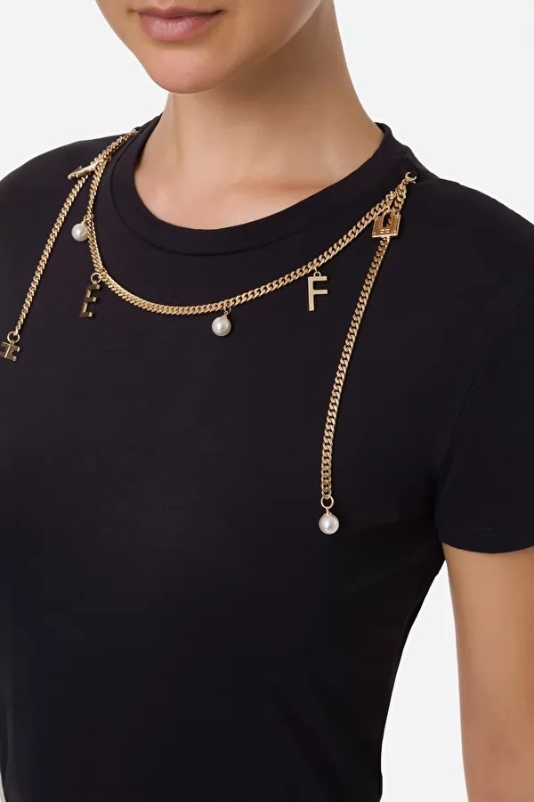 Elisabetta Franchi リボンネックレス付 Tシャツ Elisabetta Franchi リボンネックレス Tシャツ | ブラック