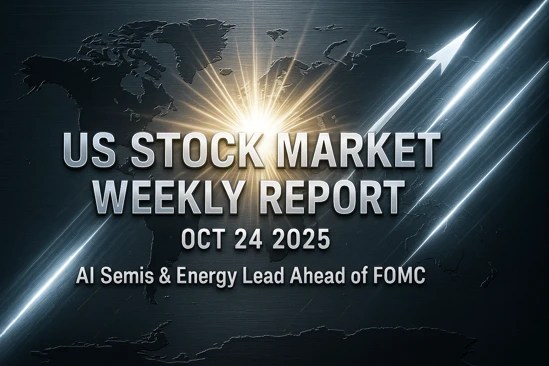 US stock market weekly report Oct 24 2025 — metallic silver-blue theme with bright sunburst and upward light beams symbolizing breakout energy, rate-cut optimism, and year-end rally momentum.