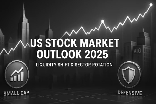 US Stock Market Outlook 2025 thumbnail showing rising trend line with small-cap and defensive sector icons in silver tone