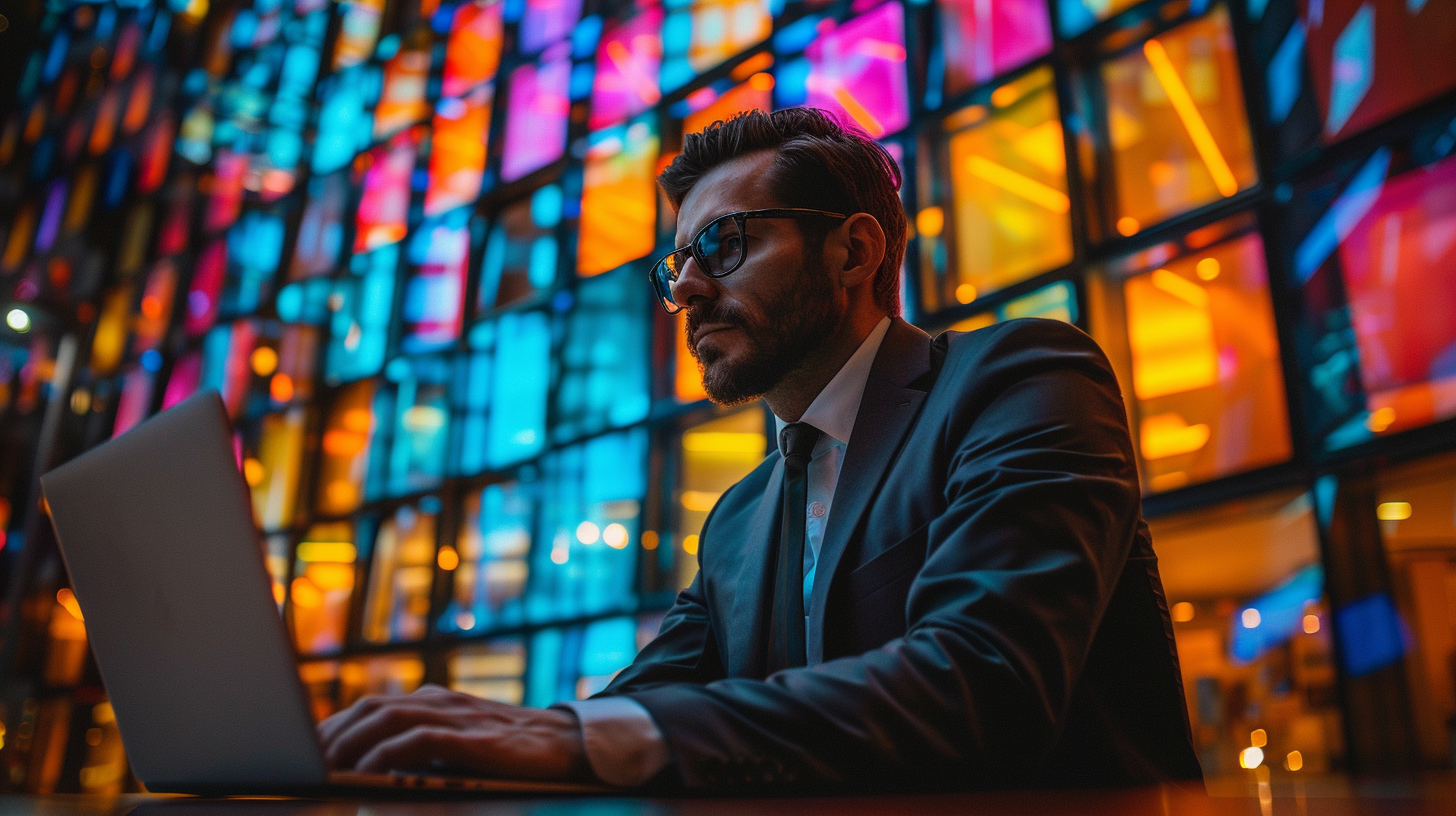 Man working on laptop with colorful lights