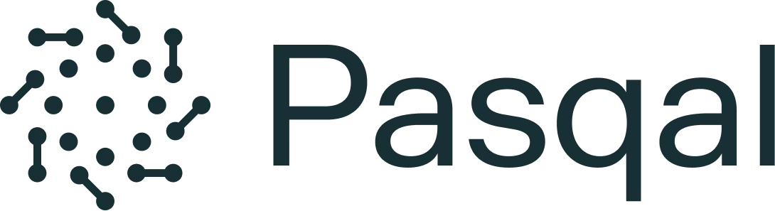 Pasqal logo: dark teal wordmark with a circular network of dots and lines to the left.