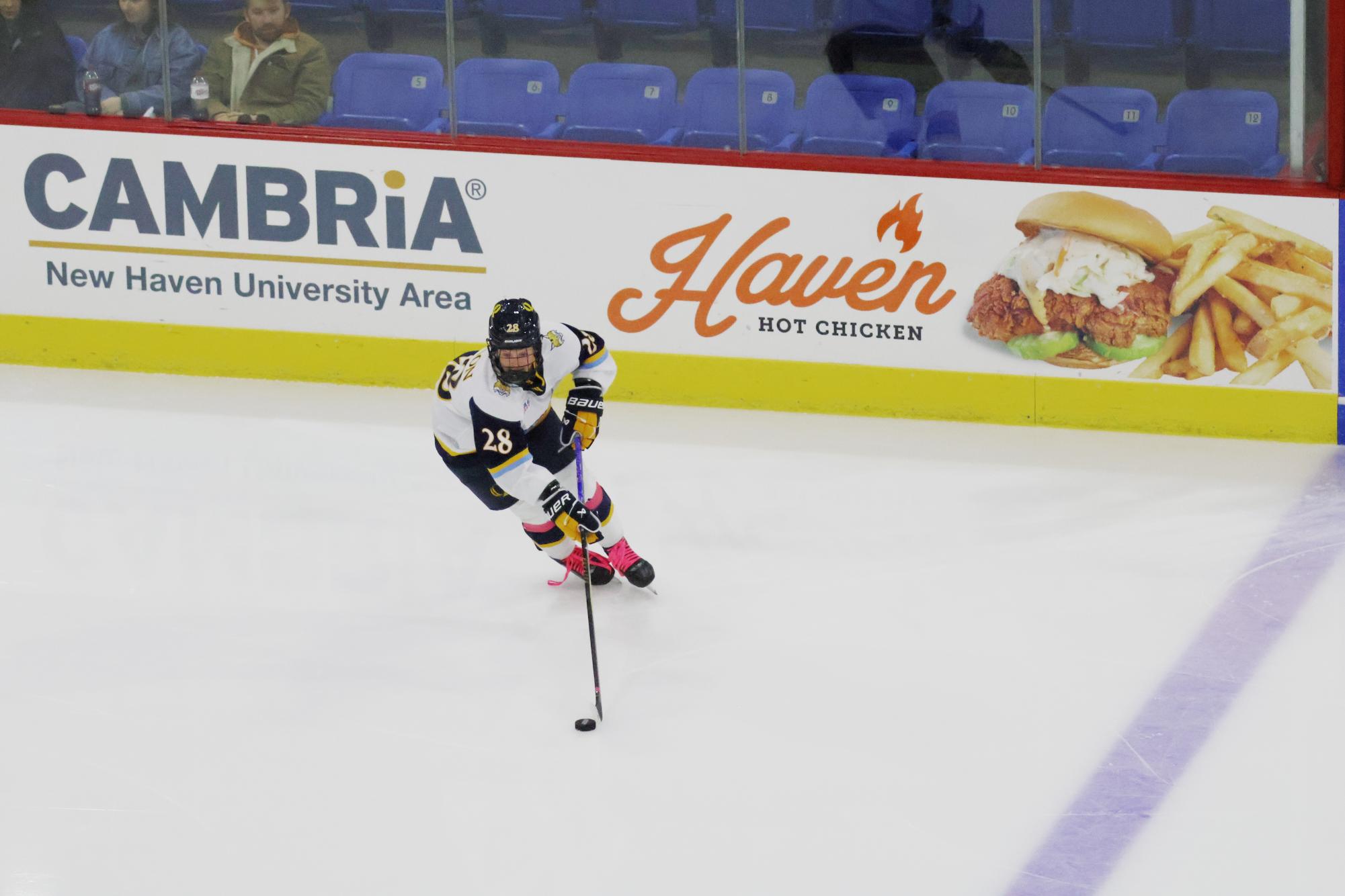 Sophomore defensemen Makayla Watson skates in the Friar's zone during Quinnipiac's 5-0 shutout. 