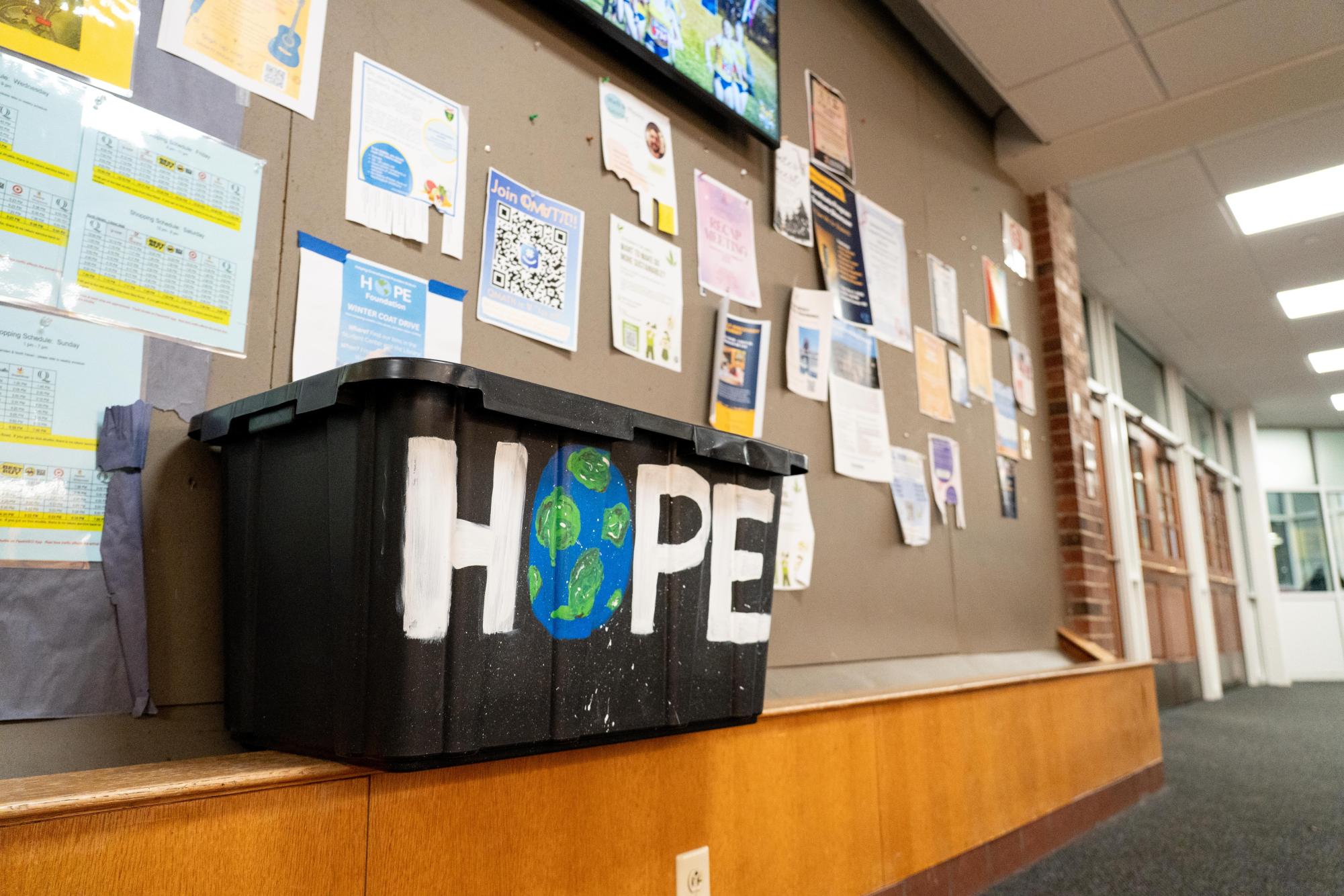 As part of the campus-wide food drive, hope boxes were in various locations across all three campuses for anyone to donate food to. 
