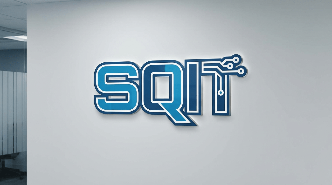 SQIT logo with blue lettering and circuit board accents mounted on a white wall.