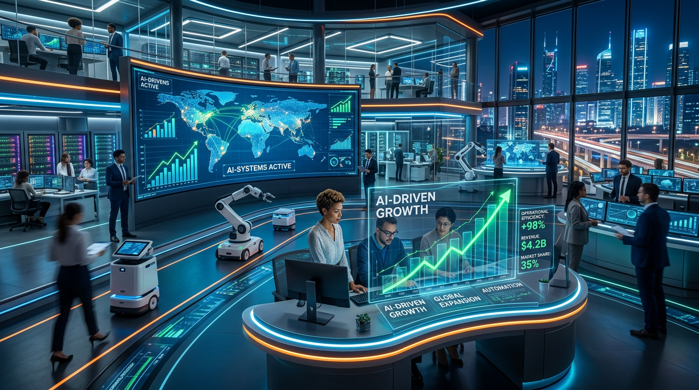People working in a futuristic AI operations center with holographic charts, robotic arms, and digital maps