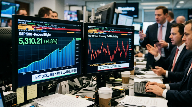 Computer screens showing S&P 500 record highs and US 10-year treasury yield volatility graphs