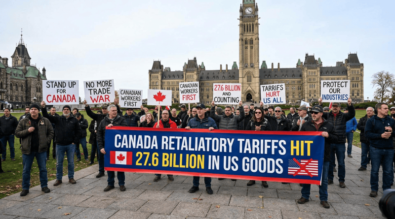 Protesters outside Canada’s Parliament hold signs reading “STAND UP FOR CANADA,” “NO MORE TRADE WAR,” “CANADIAN WORKERS FIRST,” “27.6 BILLION AND COUNTING,” “TARIFFS HURT US ALL,” and “PROTECT OUR INDUSTRIES,” beside a banner reading “CANADA RETALIATORY TARIFFS HIT 27.6 BILLION IN US GOODS.”