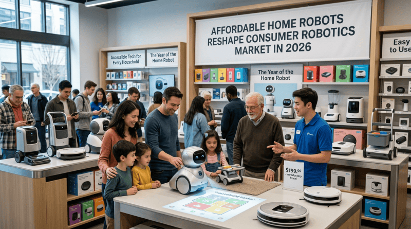 Families and a salesperson explore home robots in a technology showroom