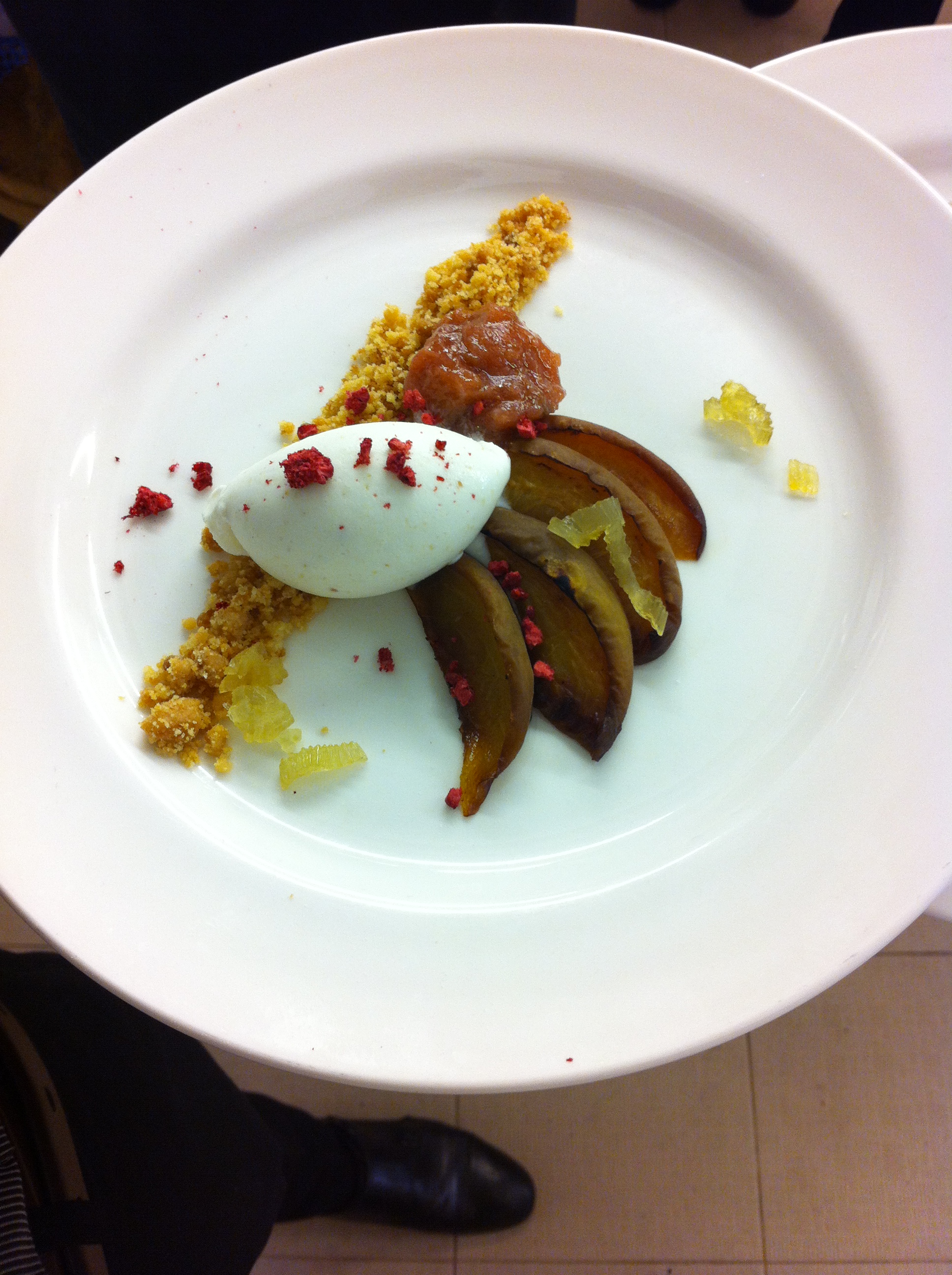 Cedar plank peaches, burnt maple ice cream, oat crumble, candied celery.