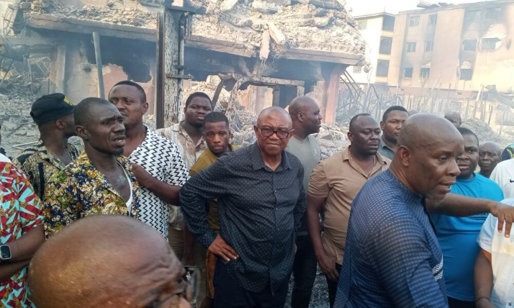 Peter Obi visits scene of Onitsha Market inferno, sympathizes with victims