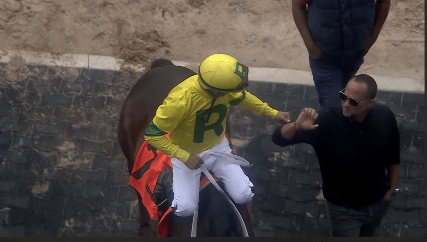 Trainer Rohan Crichton (right) shaking the hands of jockey Luis Saez.