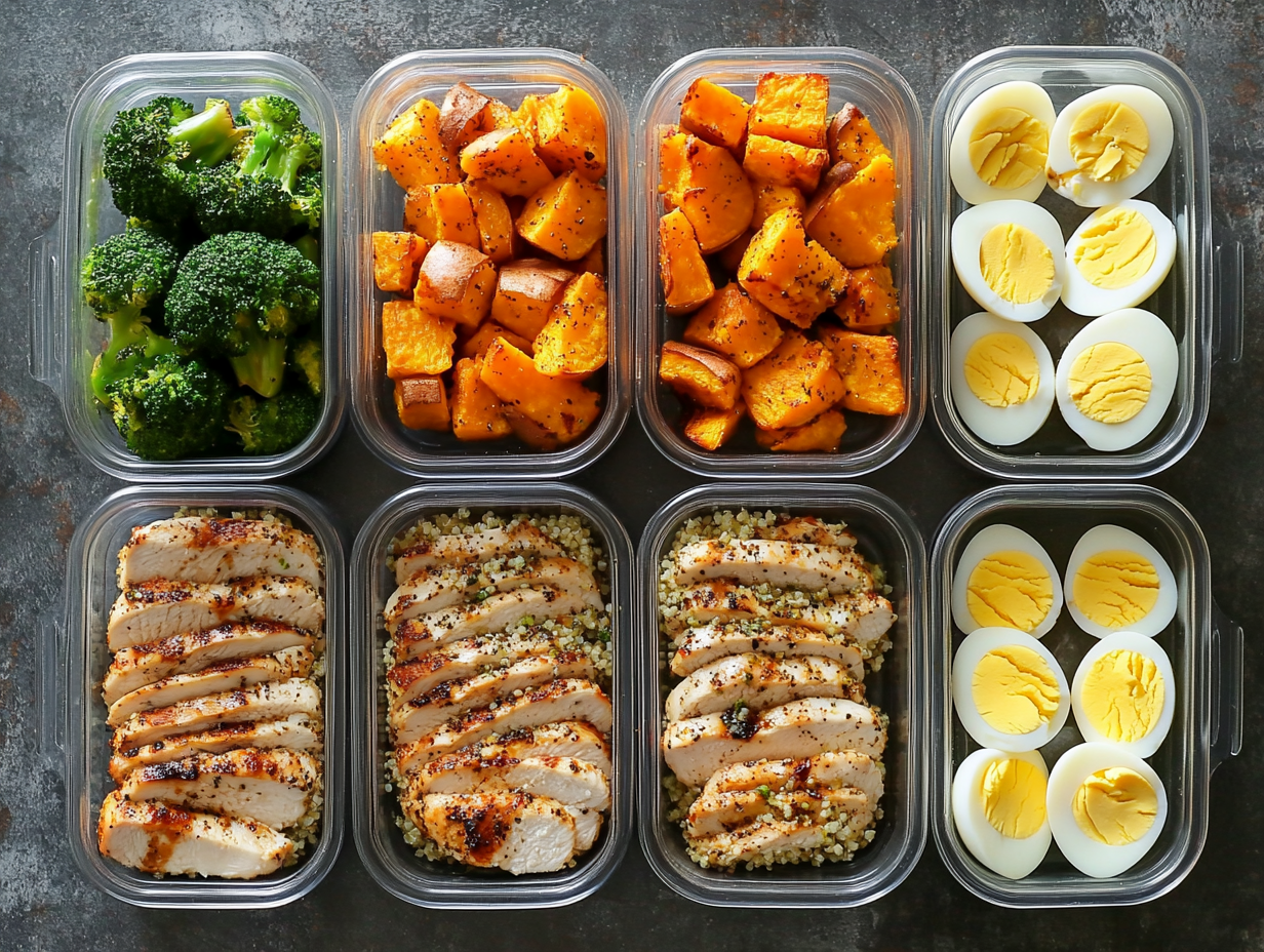 high protein meal prep containers with chicken, quinoa, and vegetables