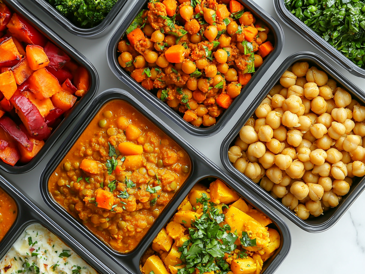 Vegetarian meal prep containers with healthy plant-based recipes