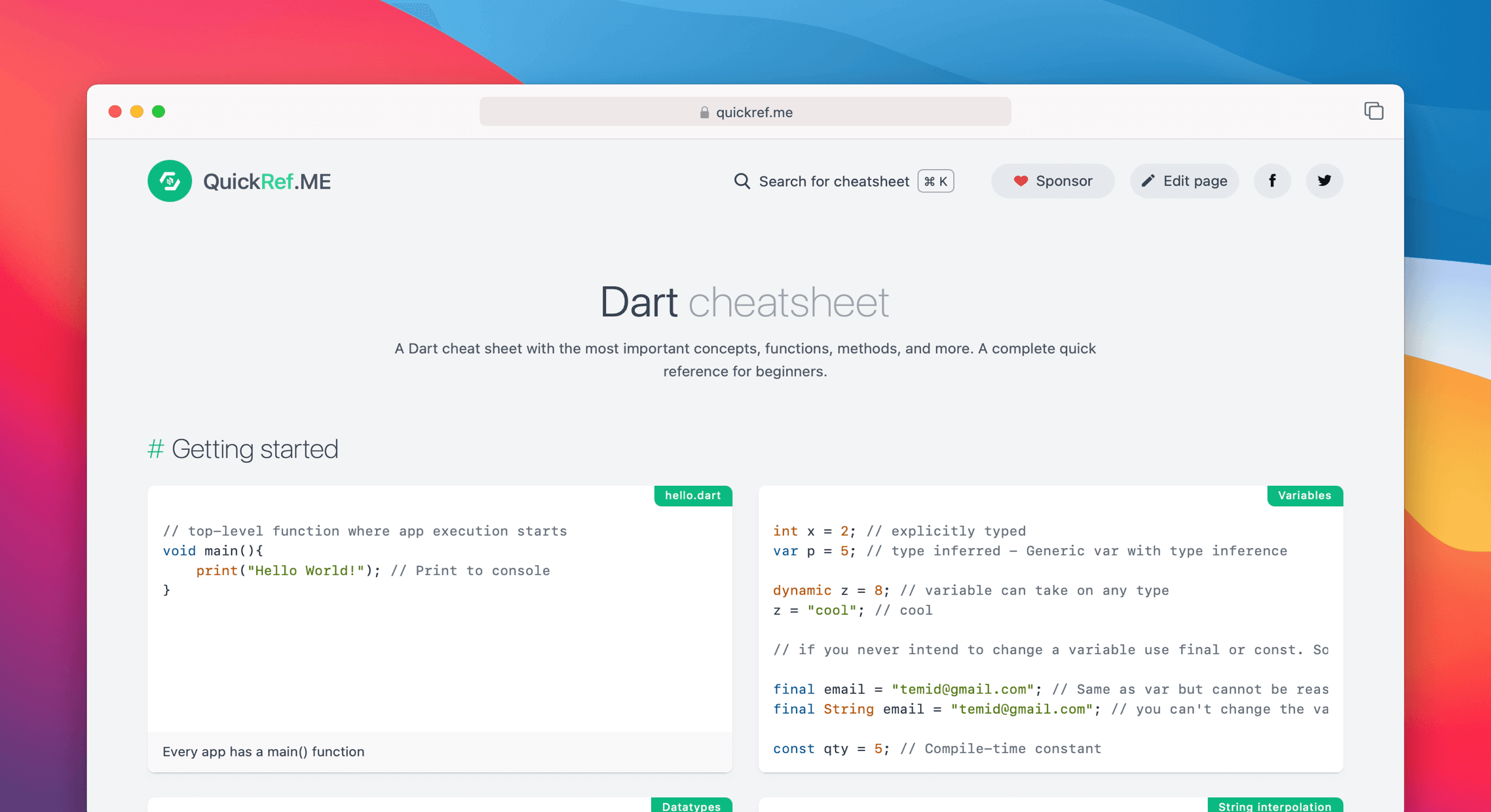 Dart Cheat Sheet Quick Reference