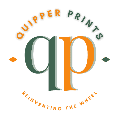 Quipper Prints logo with large green and orange qp in the center and the slogan Reinventing the Wheel below.