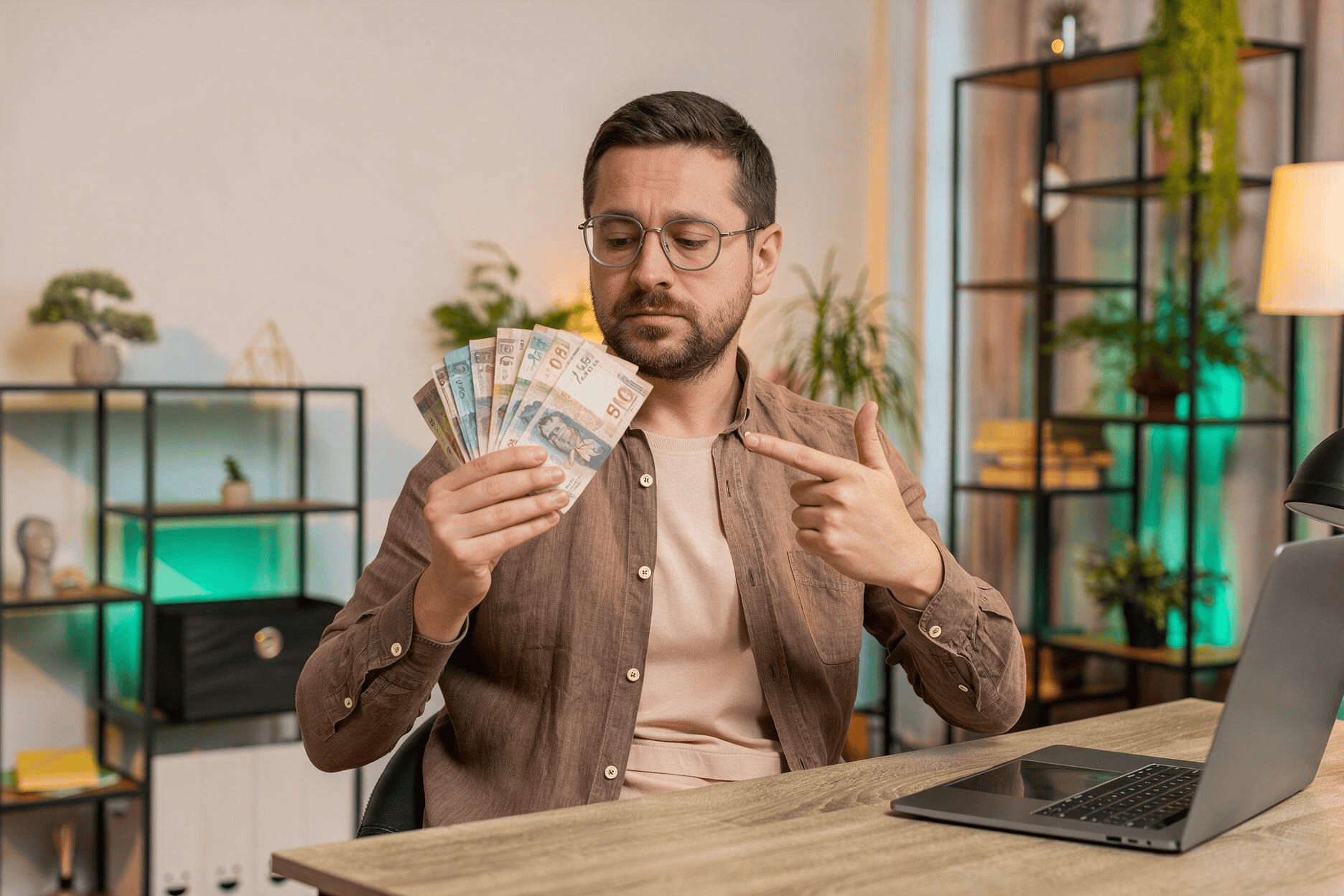Hombre sentado frente a un computador portátil observando y señalando varios billetes de pesos colombianos con expresión pensativa, en un espacio de oficina moderno.