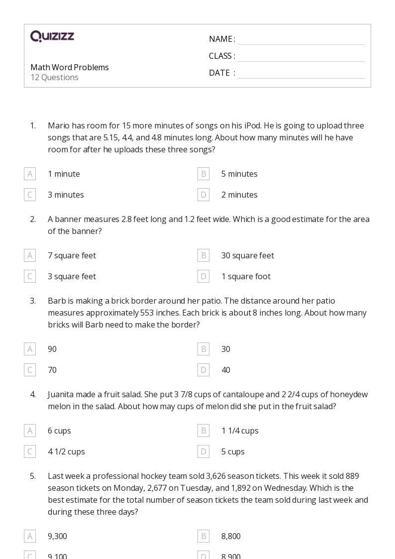50+ math word problems worksheets for 3rd grade on quizizz