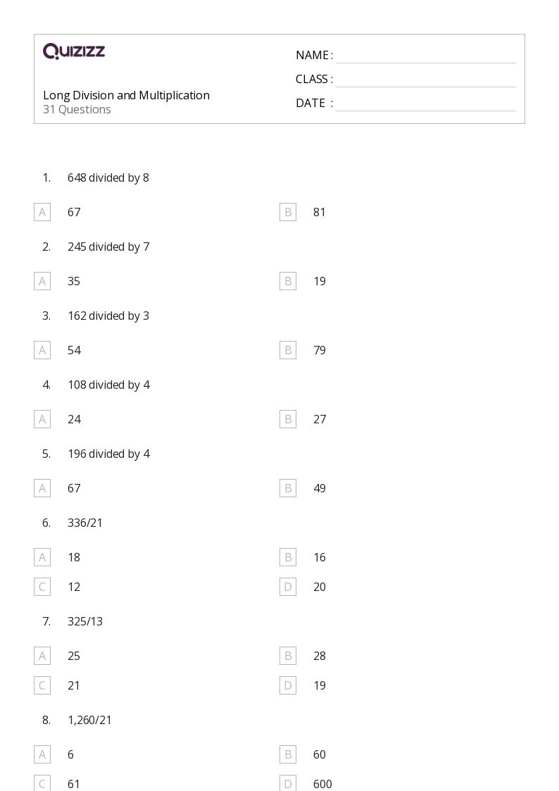 50+ long division worksheets for 8th year on quizizz