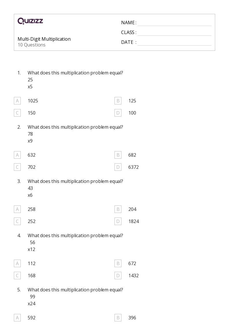 50+ multi-digit multiplication worksheets on quizizz