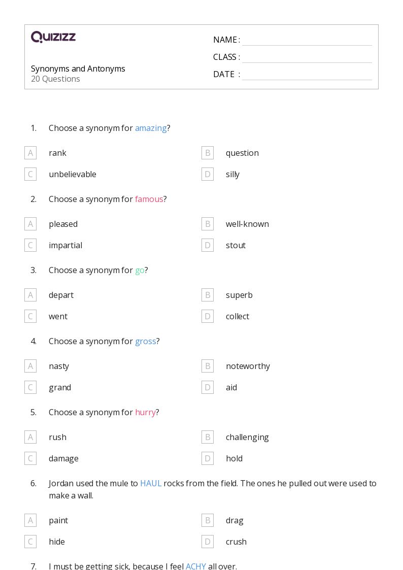50+ synonyms and antonyms worksheets for 3rd grade on quizizz