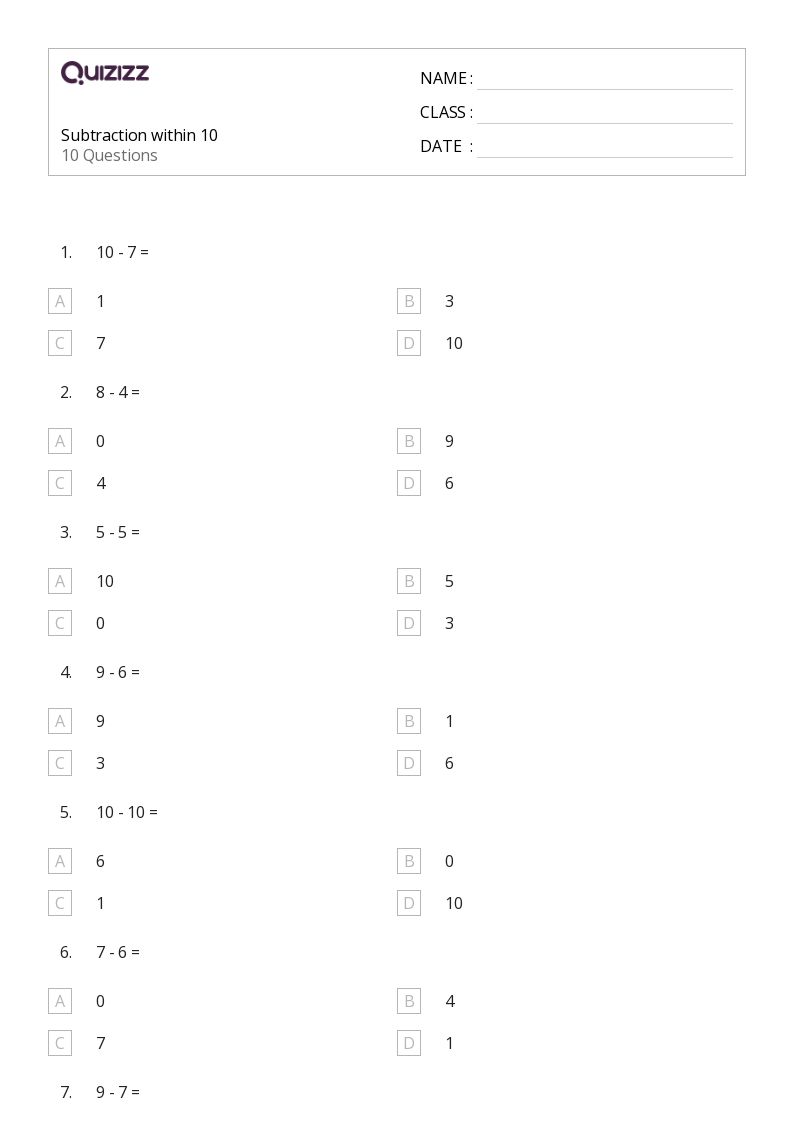 50+ subtraction within 10 worksheets for kindergarten on quizizz