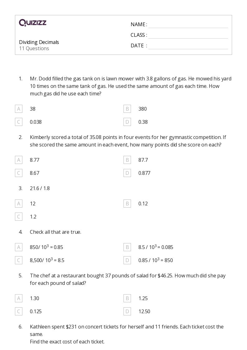 50+ dividing decimals worksheets for 5th grade on quizizz