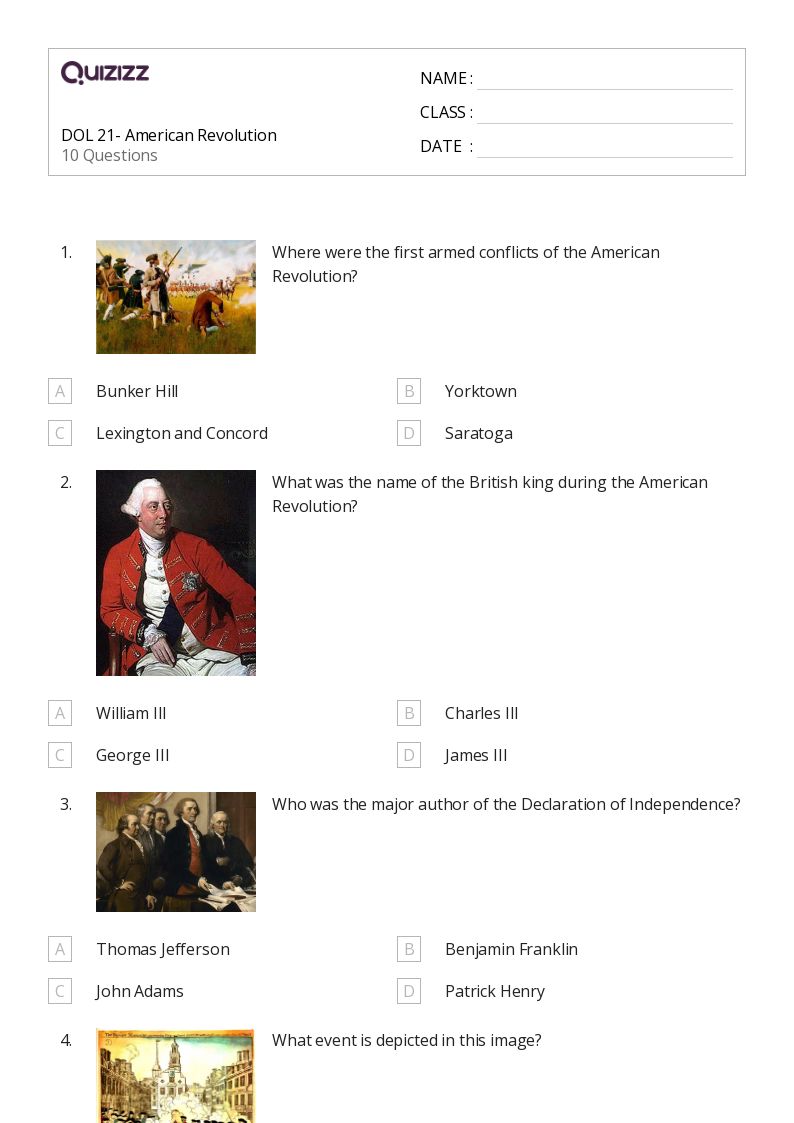 50+ american revolution worksheets for 10th grade on quizizz