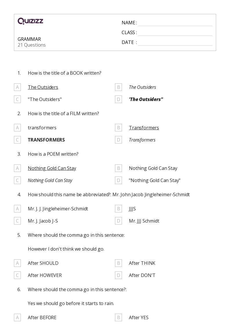 50+ grammar worksheets for 8th grade on quizizz